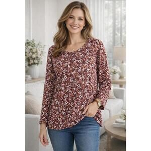 Croft & Barrow Women's XXL Burgundy  Orange Floral Cotton Stretch Crew Neck Tee